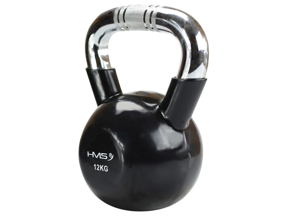 Kettlebell HMS KTC12 (12 kg) kettlebell na białym tle widoczny od przodu pod skosem z wysokiej jakości żeliwa pokrytego warstwą winylu ochrona przed uszkodzeniami i zwiększa trwałość sprzętu aktywują głębokie partie mięśniowe wsparcie w budowaniu siły funkcjonalnej oraz stabilności całego ciała zwiększa wydolność mięśni poprawia postawę ułatwia wykonywanie codziennych czynności
