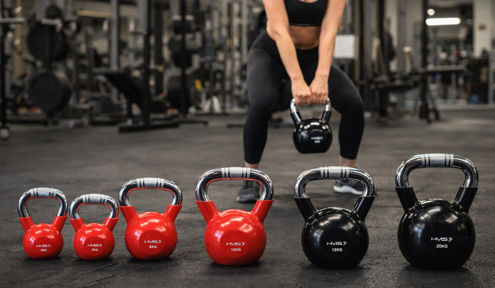 Kettlebell HMS KTC12 (12 kg) sala gimnastyczna osoba w stroju sportowym trzyma kettlebell w dłoniach wykonuje ćwiczenia na pierwszym tle zestaw kettlebelli dostępny w szerokim zakresie ciężarów – 4, 6, 8, 10, 12, 16, 20 kg dla osób początkujących i zaawansowanych można precyzyjnie dopasować obciążenie do Twoich celów treningowych i poziomu zaawansowania