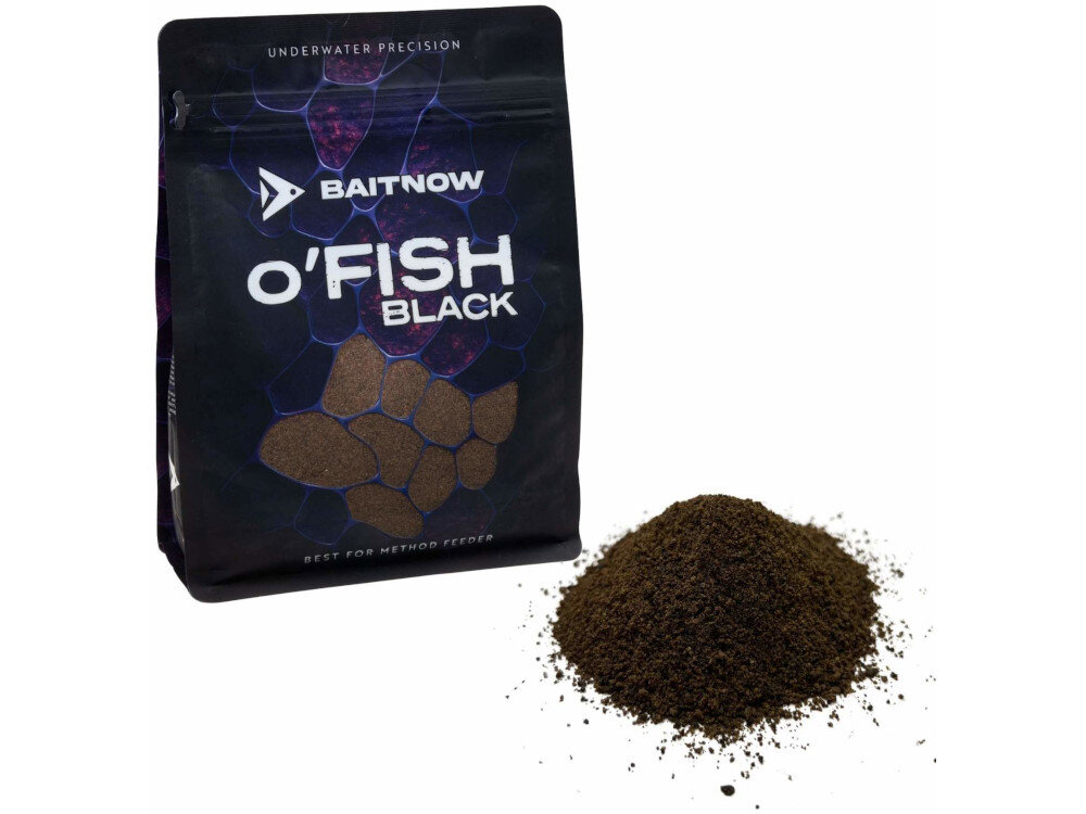 Zanęta BAITNOW O-Fish Black (800 g) w oryginalnym worku na białym tle w przodzie widoczna tekstura