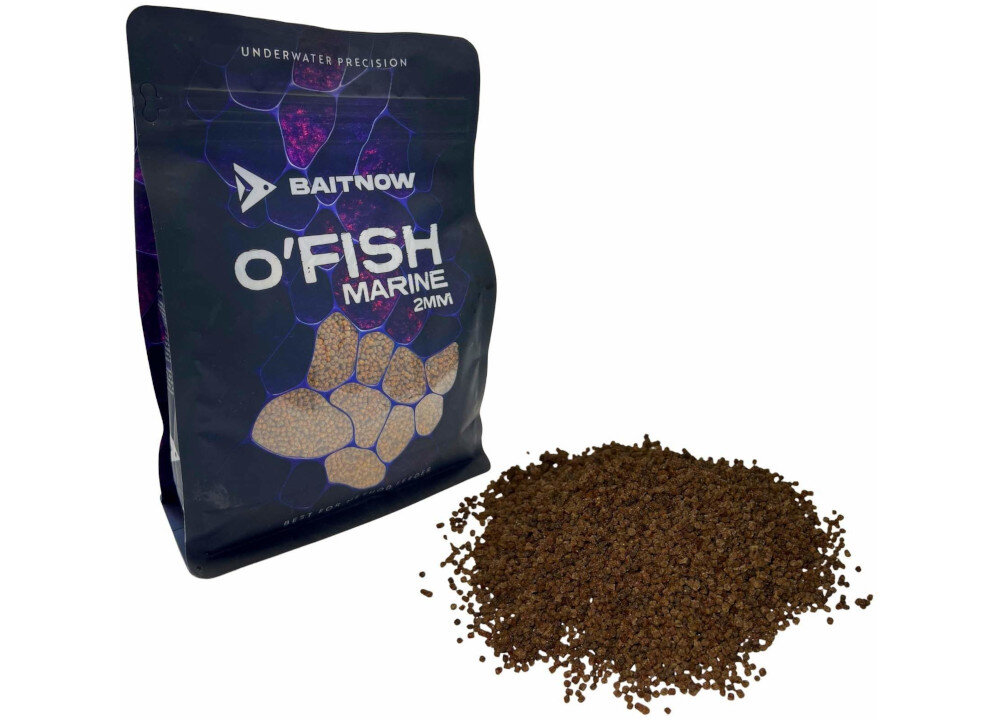 Pellet BAITNOW O’Fish Marine 2 mm (800 g) w oryginalnym worku na białym tle w przodzie widoczna tekstura