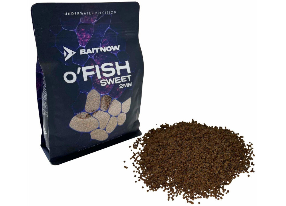 Pellet BAITNOW O’Fish Sweet 2 mm (800 g) w oryginalnym worku na białym tle w przodzie widoczna tekstura