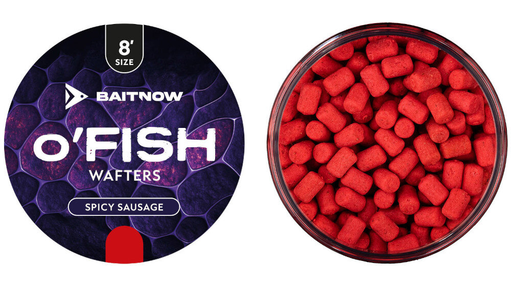 Przynęta Method Feeder BAITNOW O’Fish Wafters-Spicy Sausage (24 g) w oryginalnym zamkniętym i otwartym opakowaniu  na białym tle