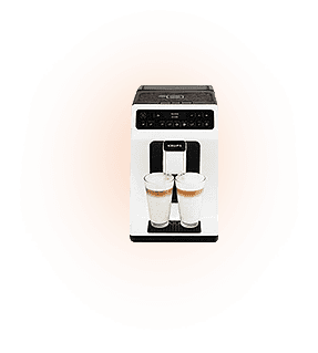 Ekspres do kawy z dwoma szklankami wypełnionymi napojem, umieszczony na pomarańczowym tle. Na górnej części widoczny jest panel sterowania z przyciskami.