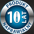 Okrągła ikona z napisem \'PRODUKT NAPRAWIALNY 10 LAT\' oraz symbolem śrubokręta na niebieskim tle.
