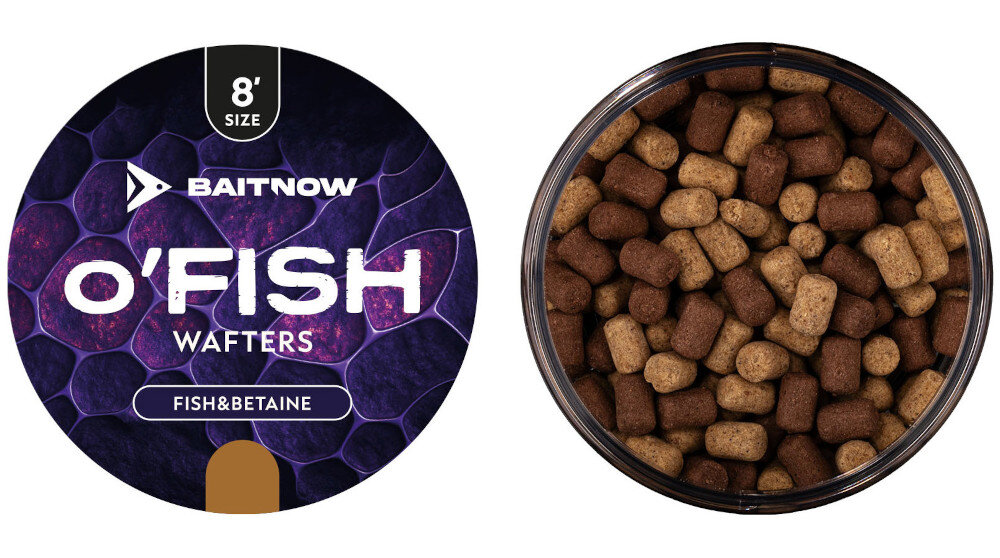 Przynęta Method Feeder BAITNOW O’Fish Wafters-Fish Betaine 8 mm (24 g) w oryginalnym zamkniętym i otwartym opakowaniu  na białym tle