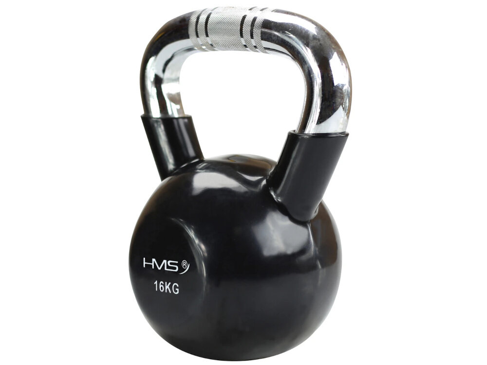 Kettlebell HMS KTC16 (16 kg) kettlebell na białym tle widoczny od przodu pod skosem z wysokiej jakości żeliwa pokrytego warstwą winylu ochrona przed uszkodzeniami i zwiększa trwałość sprzętu aktywują głębokie partie mięśniowe wsparcie w budowaniu siły funkcjonalnej oraz stabilności całego ciała zwiększa wydolność mięśni poprawia postawę ułatwia wykonywanie codziennych czynności