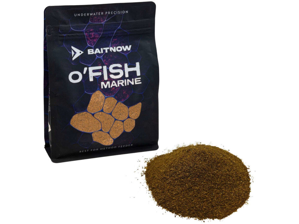 Zanęta BAITNOW O-Fish Black (800 g) w oryginalnym worku na białym tle w przodzie widoczna tekstura