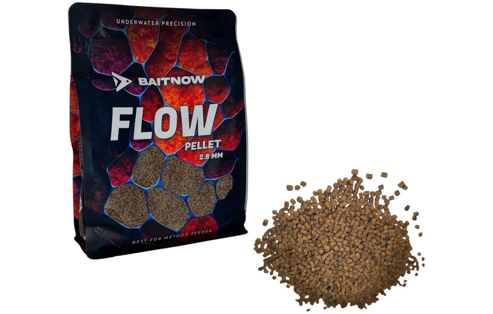 Opakowanie produktu BAITNOW Flow Pellet 2.8 mm z widocznym napisem \'UNDERWATER PRECISION\' oraz rozsypane granulki pelletu obok. Opakowanie ma kolorowy wzór przypominający plastry miodu.