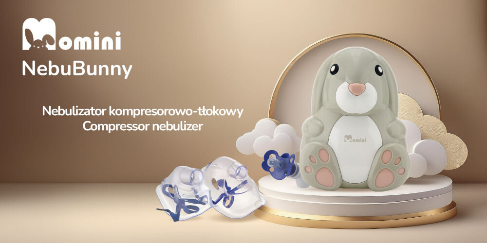 Obraz przedstawia nebulizator w kształcie szarego królika z różowymi akcentami, umieszczony na białej podstawie. Obok znajdują się przezroczyste maski z niebieskimi elementami oraz tekst: \'Momini NebuBunny Nebulizator kompresorowo-tłokowy Compressor nebulizer\'.