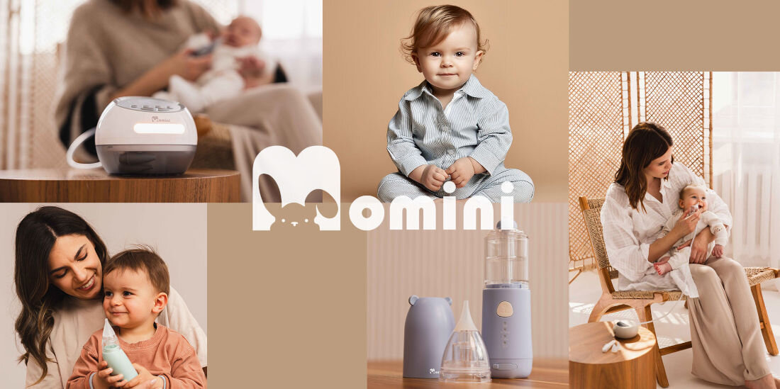 Kolaż zdjęć przedstawiający nebulizator pneumatyczno-tłokowy oraz osoby z dziećmi. Na środku widoczne jest logo \'Momini\'.