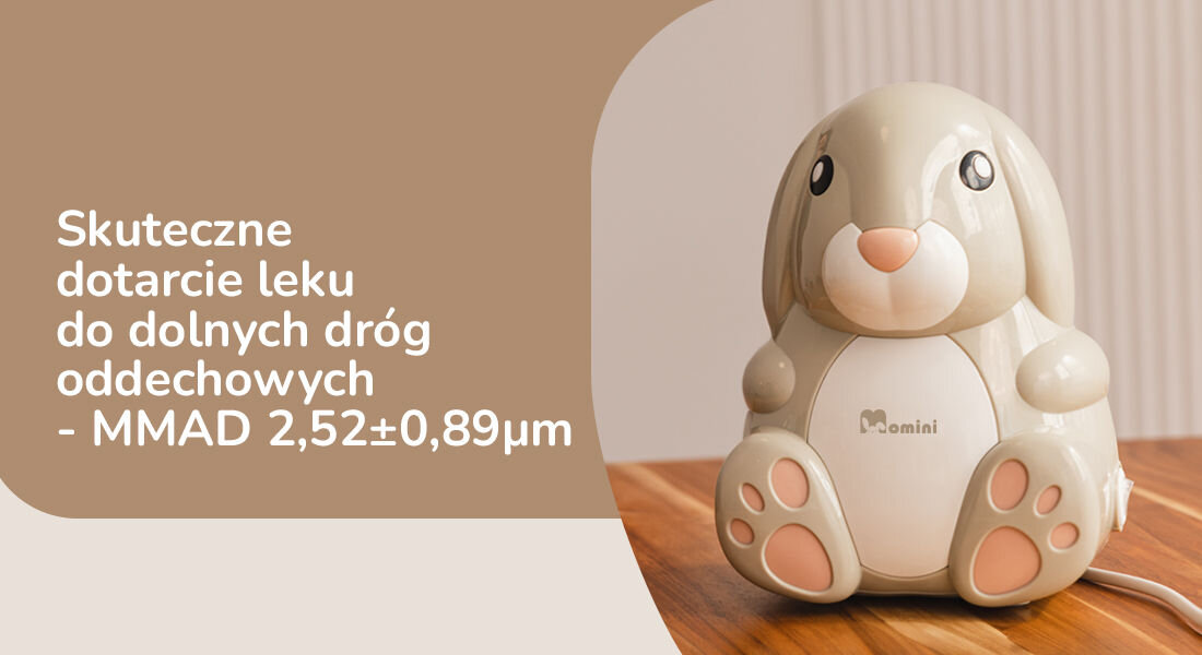 Na drewnianym blacie stoi nebulizator w kształcie królika z logo \'Momini\'. Obok widoczny jest tekst: \'Skuteczne dotarcie leku do dolnych dróg oddechowych - MMAD 2,52±0,89μm\'.