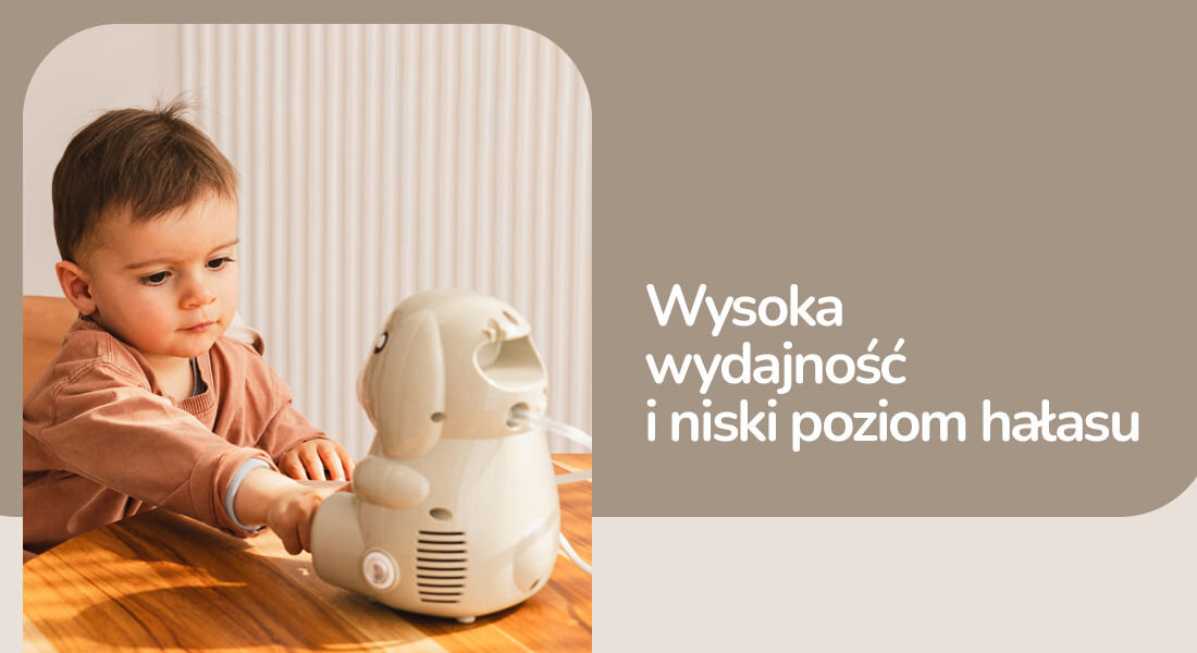 Dziecko siedzi przy stole i dotyka urządzenia w kształcie królika. Obok widoczny jest tekst: \'Wysoka wydajność i niski poziom hałasu\'.
