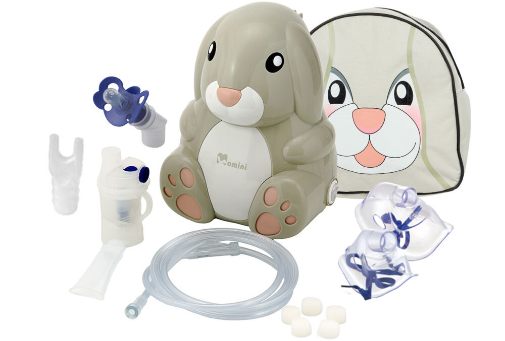 Na obrazie widoczny jest nebulizator w kształcie królika z napisem \'Momini\' oraz zestaw akcesoriów, w tym maski, rurki i torba z podobizną królika. Produkt jest przeznaczony do inhalacji i ma przyjazny dla dzieci design.