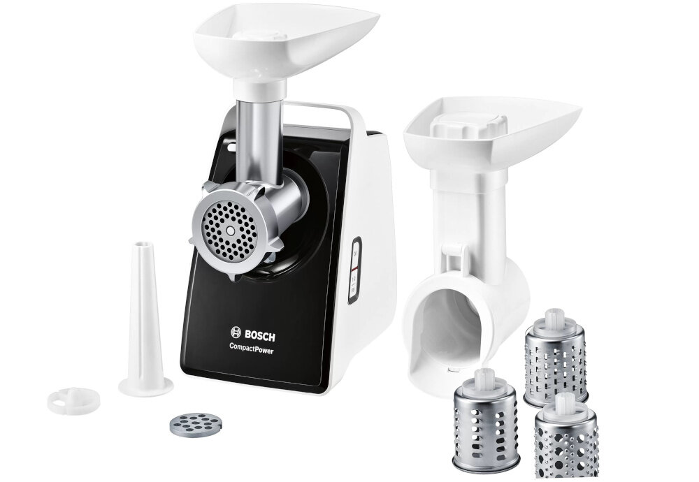 Na obrazie widoczna jest maszynka do mięsa z logo \'BOSCH CompactPower\', wraz z różnymi akcesoriami, takimi jak sitka i nasadki. Produkt ma czarną i białą obudowę oraz metalowe elementy robocze.