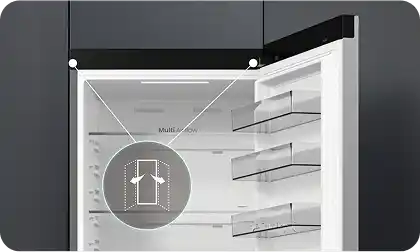 Wnętrze lodówki z otwartymi drzwiami, widoczne półki i szuflady. Na drzwiach znajduje się powiększony fragment z napisem \'Multi Air Flow\'.