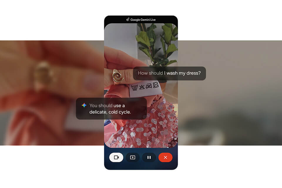 Na ekranie widać aktywną funkcję Google Gemini Live. Użytkownik szuka rady dotyczącej prania sukienki. 