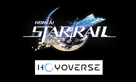 Logo z napisem \'HONKAI STAR RAIL\' na tle księżyca oraz logo \'HOYOVERSE\' poniżej.