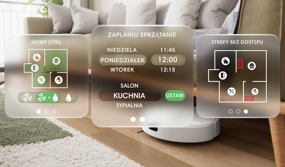 Na obrazie widoczny jest interfejs planowania sprzątania robota sprzątającego, z opcjami ustawienia cyklu, planowania sprzątania oraz stref bez dostępu. W tle znajduje się wnętrze salonu z dywanem i sofą.