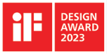 Czerwone logo z białym napisem \'iF DESIGN AWARD 2023\'.