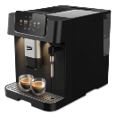 Czarny ekspres do kawy z panelem dotykowym i logo BEKO, z dwoma filiżankami kawy na metalowej podstawce. Urządzenie ma wbudowaną dyszę do spieniania mleka.