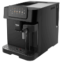 Czarny ekspres do kawy z panelem dotykowym i dyszą do spieniania mleka. Na obudowie widoczne jest logo \'beko\'.