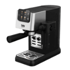 Czarny ekspres do kawy z panelem sterowania na górze i logo \'beko\' widocznym na przodzie. Urządzenie posiada metalową tackę ociekową i uchwyt na portafilter.