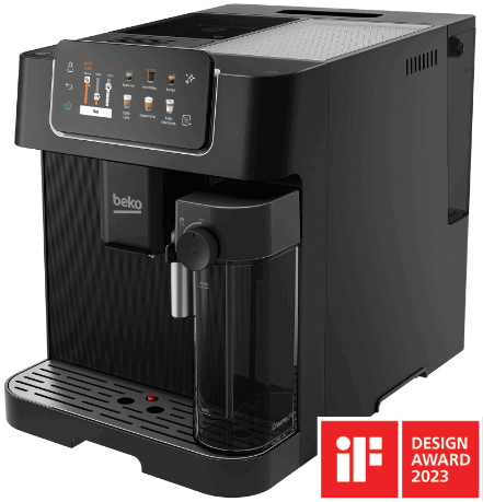 Czarny ekspres do kawy z panelem dotykowym i logo \'beko\' na przedniej części. Obok znajduje się czerwony znak z napisem \'iF DESIGN AWARD 2023\'.