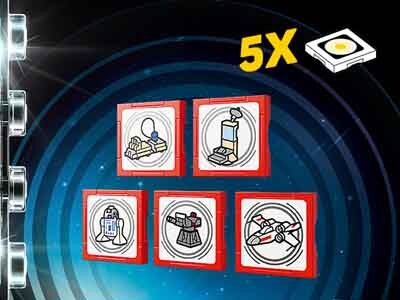 Obraz przedstawia pięć czerwonych kwadratowych płytek z różnymi grafikami, w tym statek kosmiczny i robota. W prawym górnym rogu widnieje napis \'5X\' oraz mała biała płytka z żółtym okręgiem.
