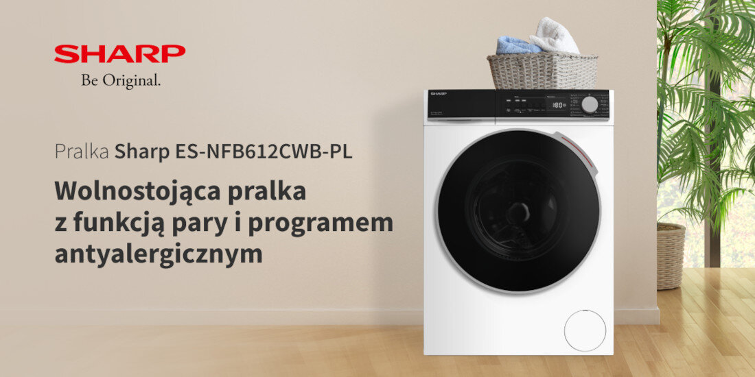Obraz przedstawia pralkę Sharp ES-NFB612CWB-PL z koszem na pranie na górze. Obok znajduje się tekst: \'Wolnostojąca pralka z funkcją pary i programem antyalergicznym\'.