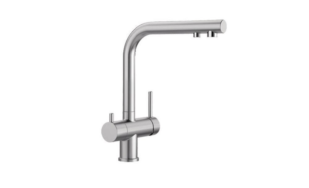 Stalowa bateria kuchenna z dwoma pokrętłami i wygiętym wylewem. Produkt ma nowoczesny design i metaliczne wykończenie.