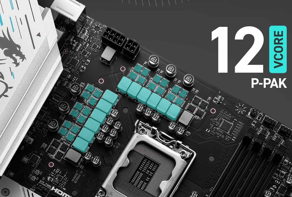 Płyta główna MSI B760 Gaming Plus WiFi DDR4 Fragment płyty głównej z widocznymi sekcjami zasilania, radiatorami i napisem '12 VCORE P-PAK', układ zasilania, technologie