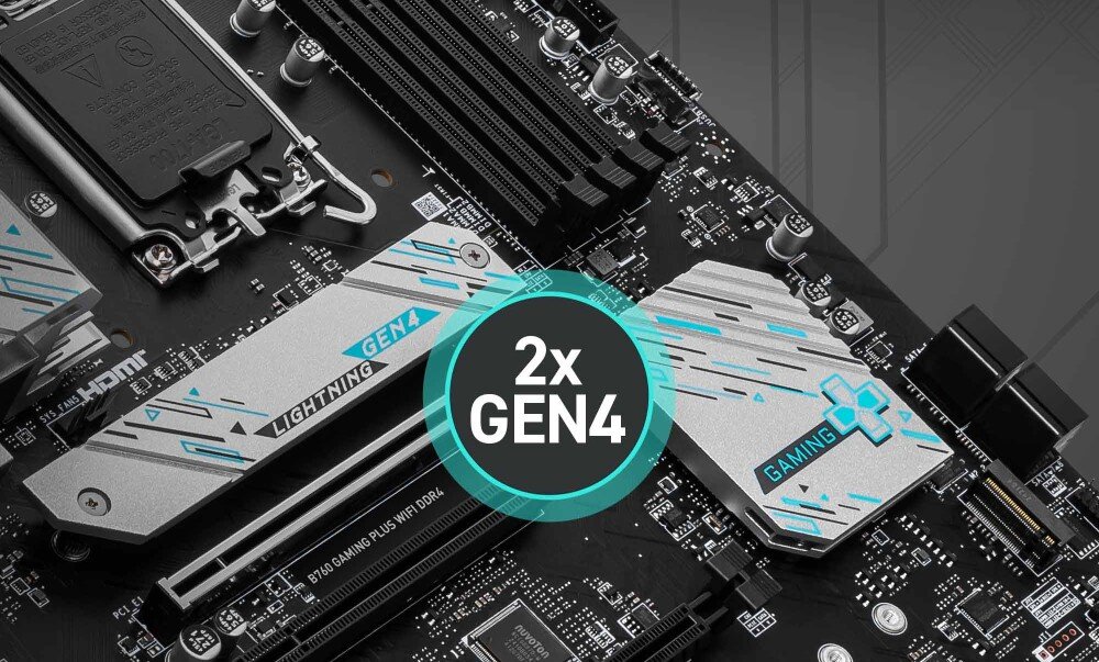 Płyta główna MSI B760 Gaming Plus WiFi DDR4 Zbliżenie na dwa złącza M.2 osłonięte radiatorami z napisami 'Lightning Gen4' i 'Gaming', pośrodku widoczny okrąg z napisem '2x GEN4', dyski M.2