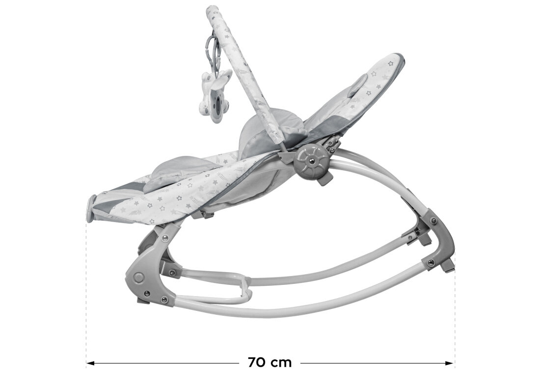 Leżaczek TULANO Cloe 35 Rabbit Przemyślana konstrukcja 3-punktowe pasy i solidna podstawa normy bezpieczeństwa EN 12790-1:2023 normy EN 71 wymiary waga dwie baterie AA