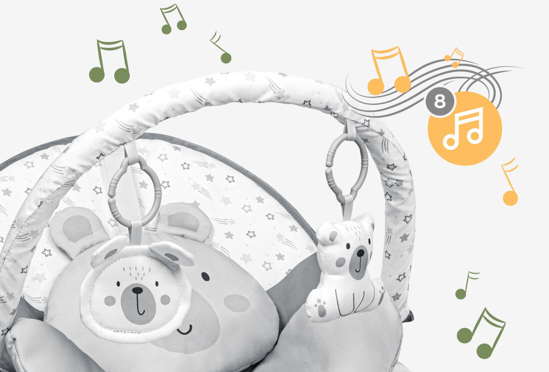 Leżaczek TULANO Cloe 35 Rabbit Wyciszające dźwięk i wibracje moduł muzyczny 8 łagodnych melodii atmosfera wyciszenie z łatwością regulować głośność dopasowanie preferencje Trzy poziomy delikatnych wibracji  działa cicho i bez zakłóceń 