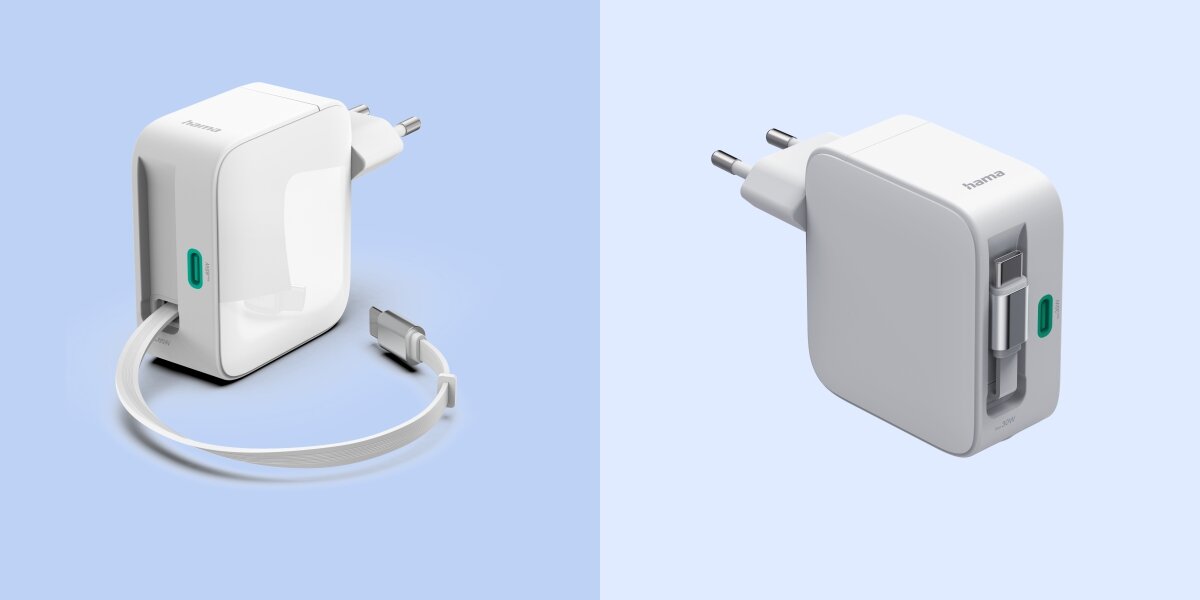 Na obrazie widoczny jest biały zasilacz z wtyczką, z logo \'hama\' na obudowie. Zasilacz posiada zielony przycisk oraz port USB, a obok niego leży biały kabel z końcówką USB-C.