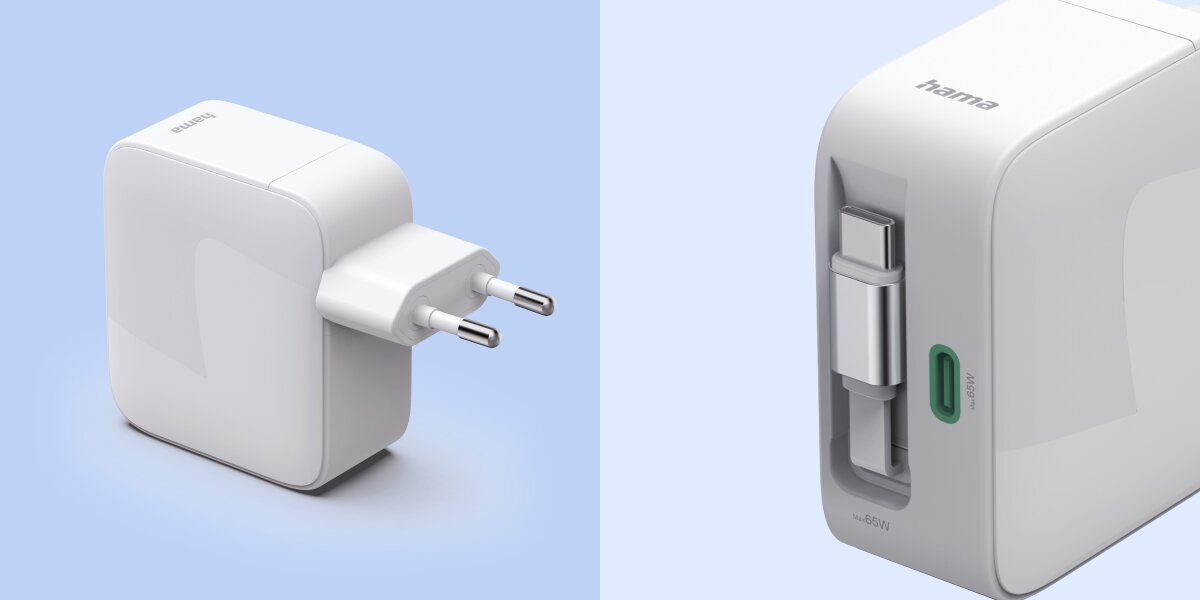 Na obrazie widoczny jest biały zasilacz z dwoma wtyczkami oraz logo \'hama\'. Zasilacz posiada port USB-C oznaczony jako \'65W\'.