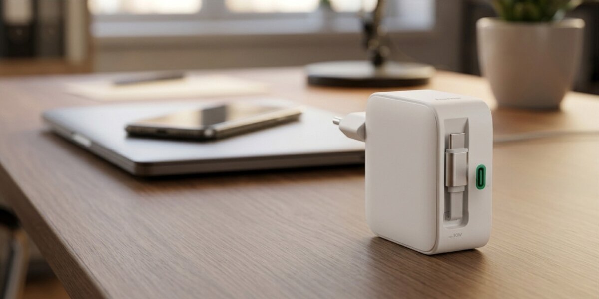 Na drewnianym biurku znajduje się biały zasilacz z wtyczką i portem USB, obok laptopa i smartfona. W tle widoczna jest rozmyta roślina i lampa.