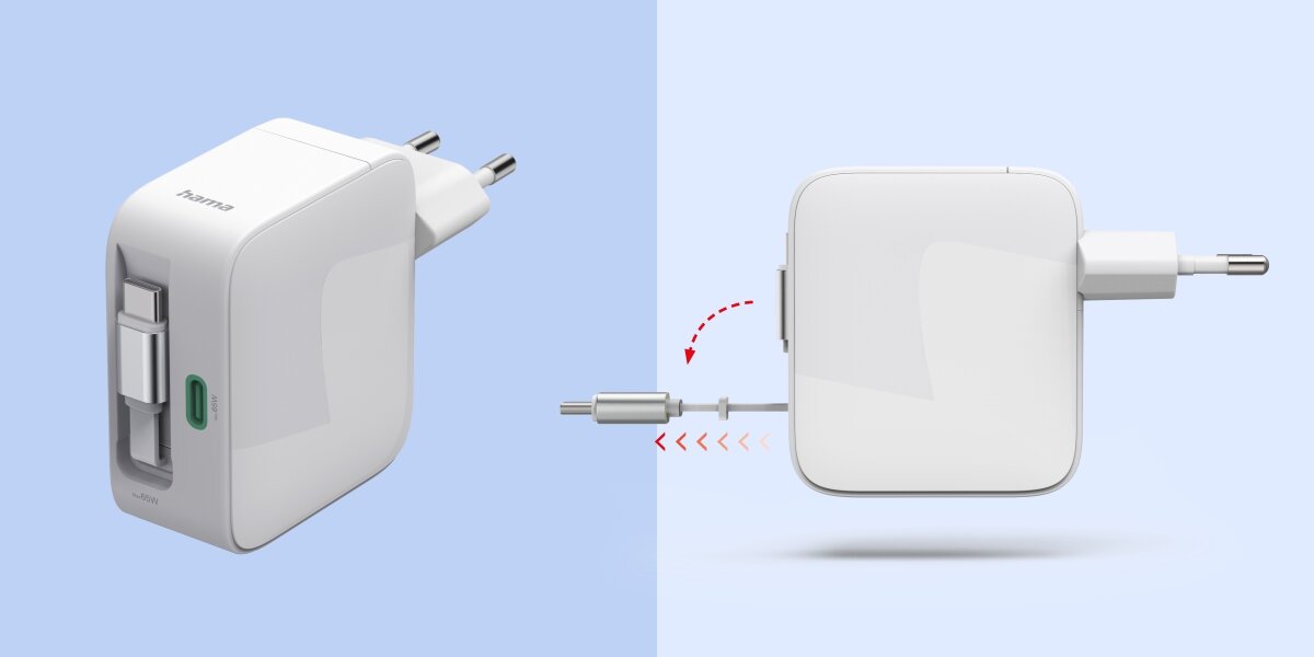Obraz przedstawia biały zasilacz z dwoma wtyczkami, z widocznym logo \'hama\' oraz zielonym portem USB. Obok zasilacza pokazano schematycznie sposób podłączenia kabla z czerwonymi strzałkami wskazującymi kierunek.