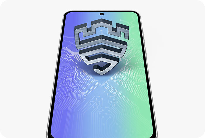 Smartfon z wyświetlaczem pokazującym grafikę z motywem technologii i dużym symbolem przypominającym tarczę. Ekran ma gradientowe tło w odcieniach niebieskiego i zielonego z widocznymi ścieżkami obwodów elektronicznych.