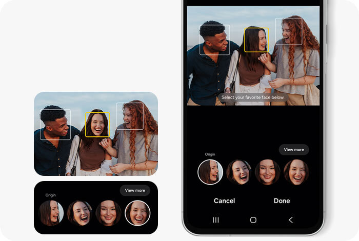 Na ekranie smartfona widać zdjęcie grupy osób z zaznaczonymi twarzami oraz opcje wyboru twarzy poniżej. Widoczne są przyciski \'Cancel\' i \'Done\'.