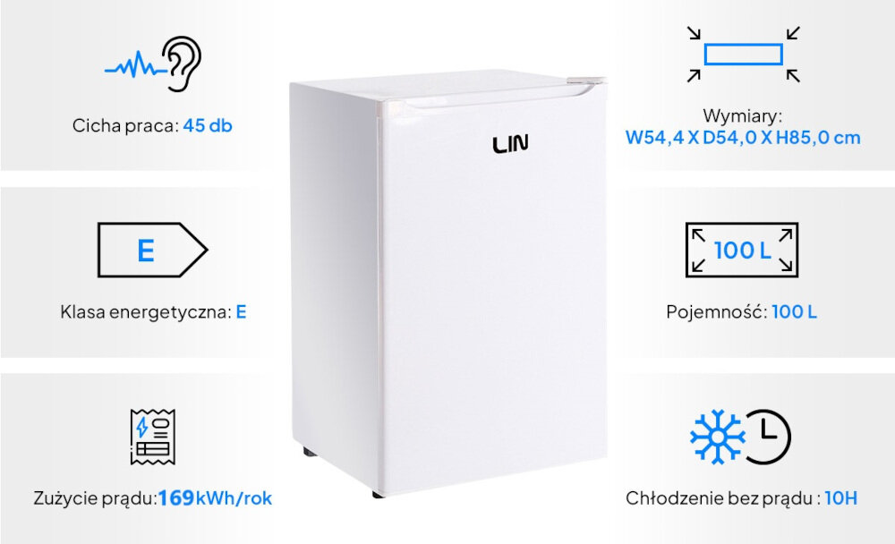 ZAMRAŻARKA LIN LI-BD-100 BIAŁA stosunkowo cicha praca poziom głośności 45 dB klasa energetyczna E oszczędność enerrgii roczne zużycie energii 180 kWh oszczędne urządzenie przyjazne dla środowiska
