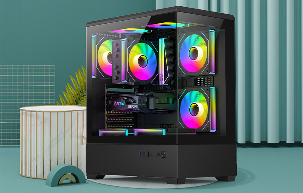 Obudowa DARKFLASH C365 Czarny, obudowa PC, gaming, komputer, design, Czarny komputer z RGB w wnętrzu pokoju.