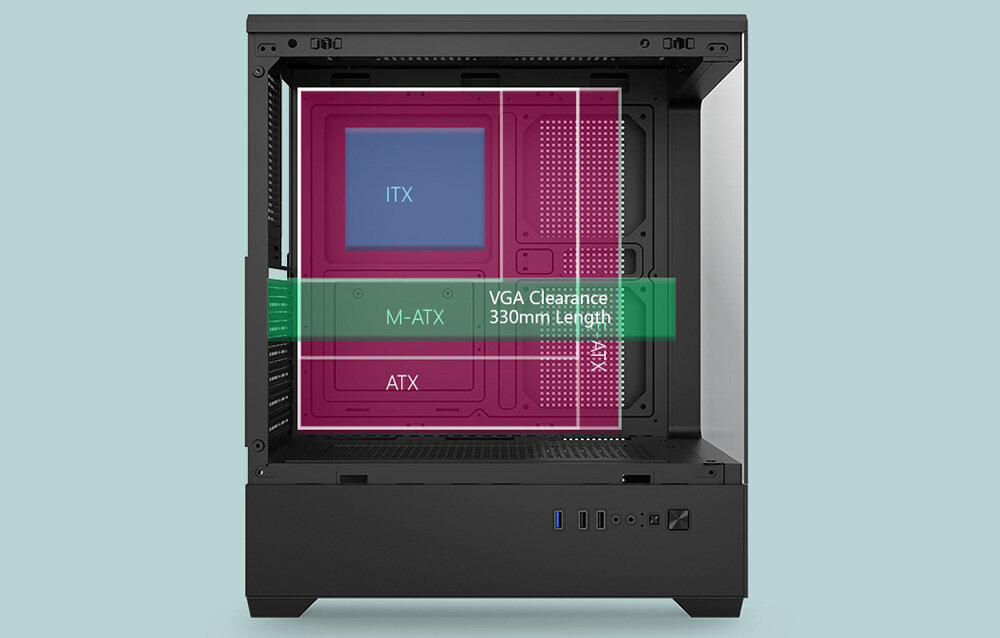 Obudowa DARKFLASH C365 Czarny, GPU 330 mm, CPU 170 mm, SSD, HDD, Schemat montażu zasilacza oraz dysków HDD i SSD.