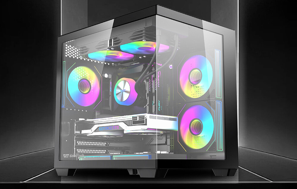 Obudowa DARKFLASH B275, obudowa PC, gaming, design, komputer, Rozłożona obudowa ze schematem wentylacji.