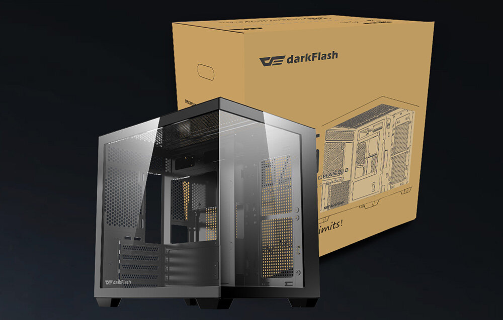 Obudowa DARKFLASH B275, M-ATX, ITX, kompaktowa, kompatybilność, Obudowa komputerowa obok swojego pudełka.