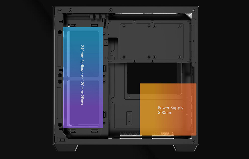 Obudowa DARKFLASH B275, SSD, HDD, PCIe, rozbudowa, Plan montażu chłodnicy oraz zasilacza w obudowie.