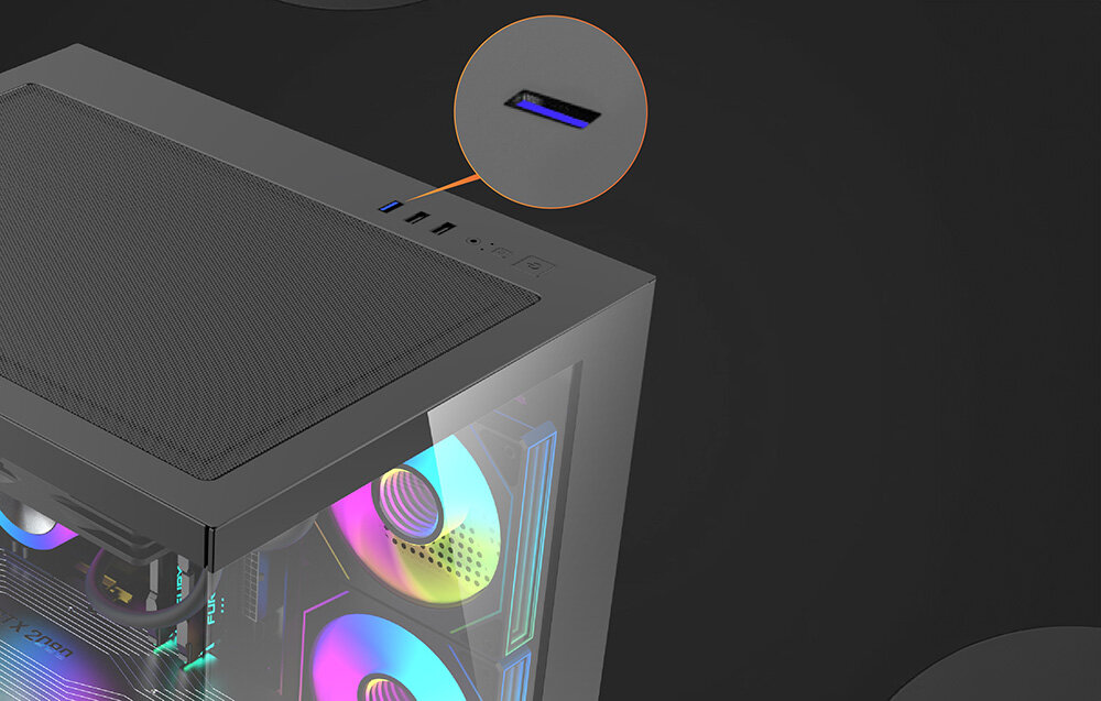 Obudowa DARKFLASH B275, USB 3.0, USB 2.0, audio, panel, Zbliżenie na porty i przyciski na panelu górnym.