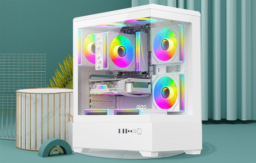 Obudowa DARKFLASH C365 Biały, obudowa PC, gaming, komputer, design, Biały komputer z RGB w wnętrzu pokoju.