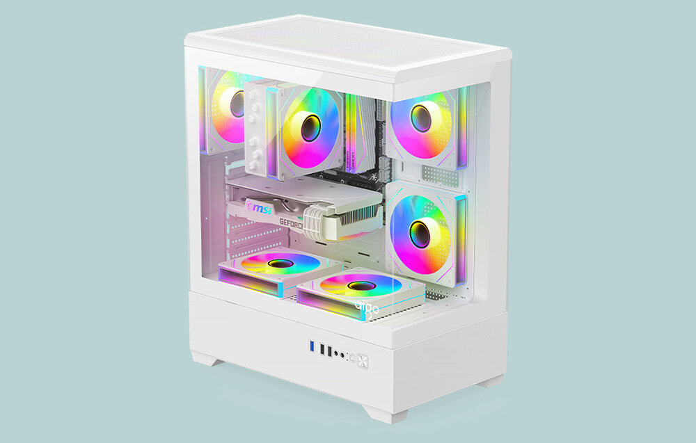 Obudowa DARKFLASH C365 Biały, USB 3.0, USB 2.0, audio, panel, Widok z góry na gotowy komputer z podświetleniem.