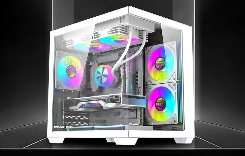 Obudowa DARKFLASH B275, obudowa PC, gaming, design, komputer, Rozłożona obudowa ze schematem wentylacji.